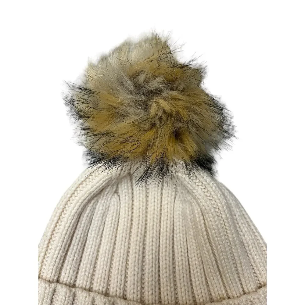 J CREW Hat Womens OS Ribbed Cuffed Pom-Pom Beanie NWOT Knit Cotton Ivory